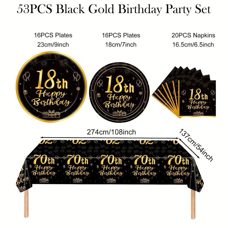 18th Birthday Party Tableware Kit - Golden Table Cloth, Plates, Napkins Set
