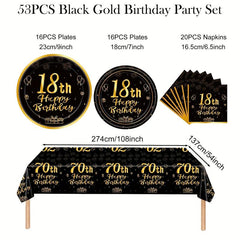 18th Birthday Party Tableware Kit - Golden Table Cloth, Plates, Napkins Set