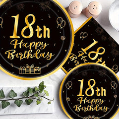 18th Birthday Party Tableware Kit - Golden Table Cloth, Plates, Napkins Set