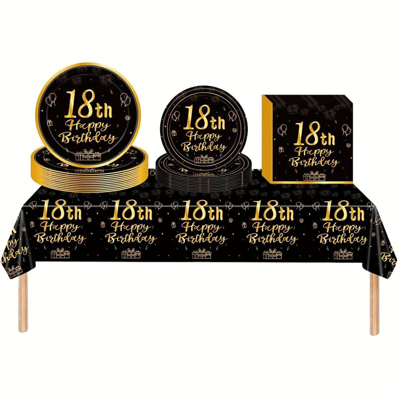 18th Birthday Party Tableware Kit - Golden Table Cloth, Plates, Napkins Set