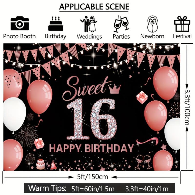 Rose Sweet 16th Birthday Backdrop Banner for Photo Booths/Decorations
