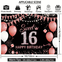 Rose Sweet 16th Birthday Backdrop Banner for Photo Booths/Decorations