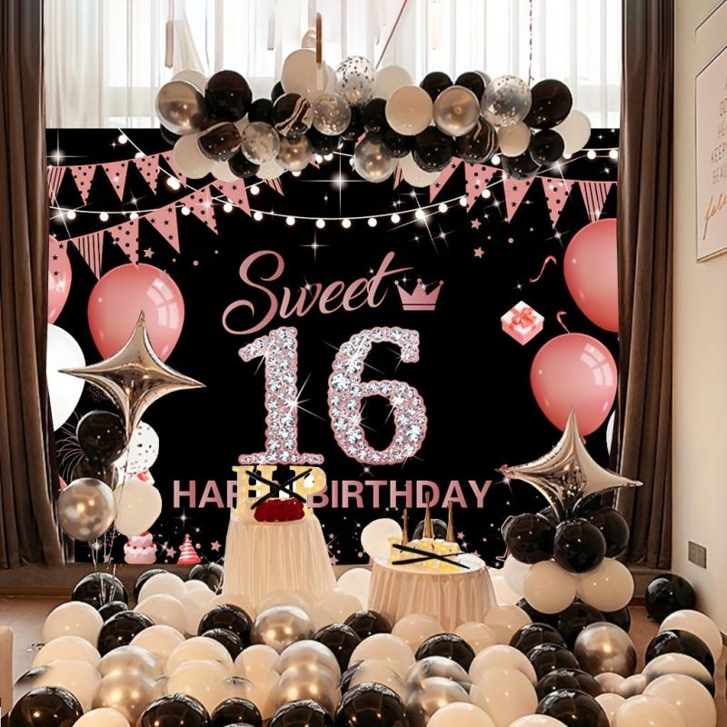 Rose Sweet 16th Birthday Backdrop Banner for Photo Booths/Decorations