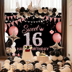 Rose Sweet 16th Birthday Backdrop Banner for Photo Booths/Decorations