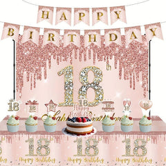 18th Birthday Party Supplies - Tablecloth, Plates, Tissue, Cups - 20pcs