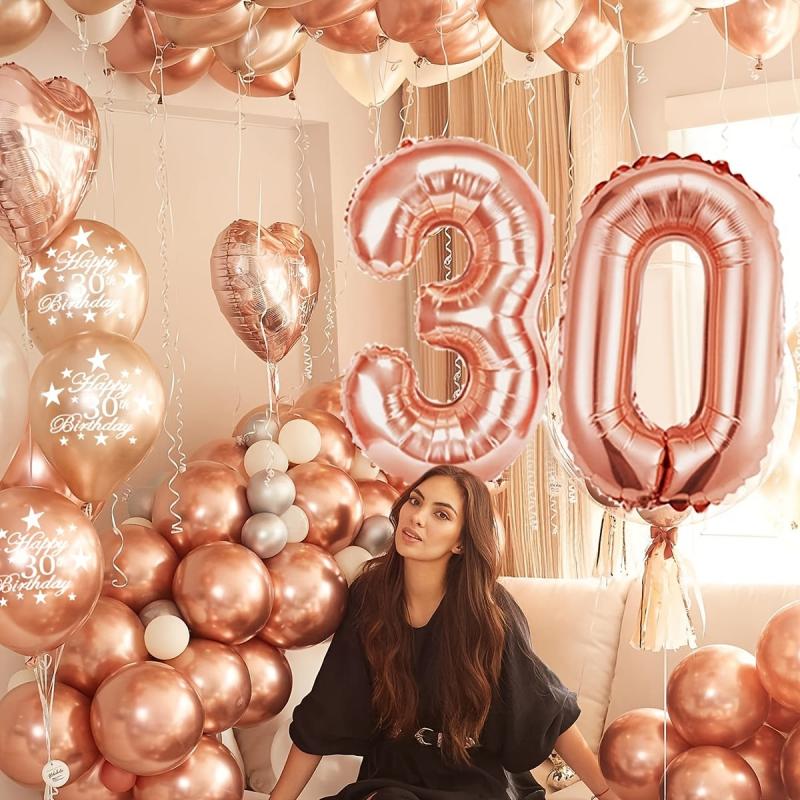 Rose Golden Balloon Garland Kit with Pom Poms for Women's 30th, 40th, 50th Birth