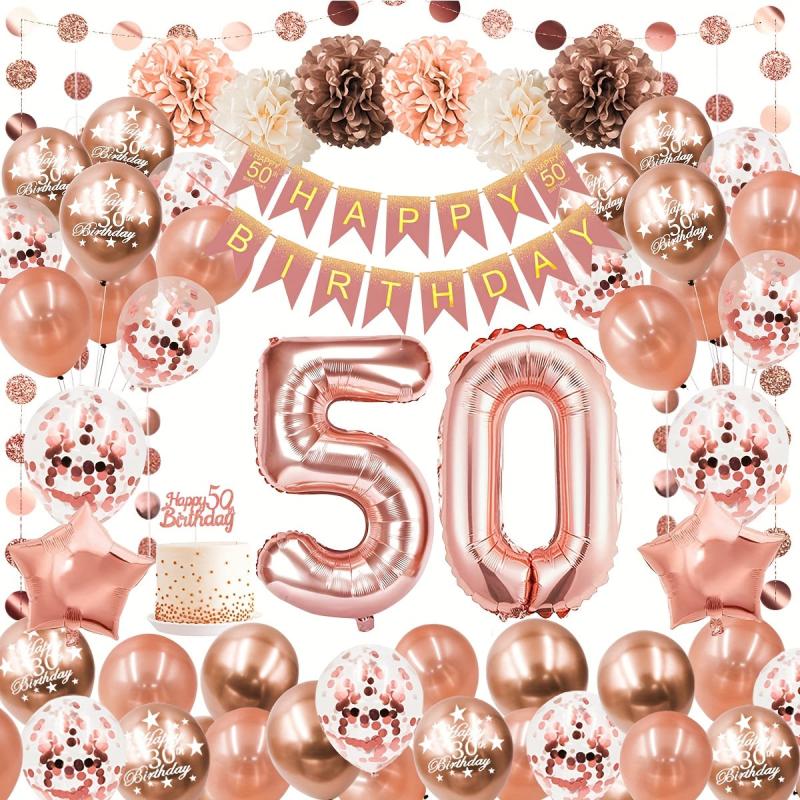 Rose Golden Balloon Garland Kit with Pom Poms for Women's 30th, 40th, 50th Birth