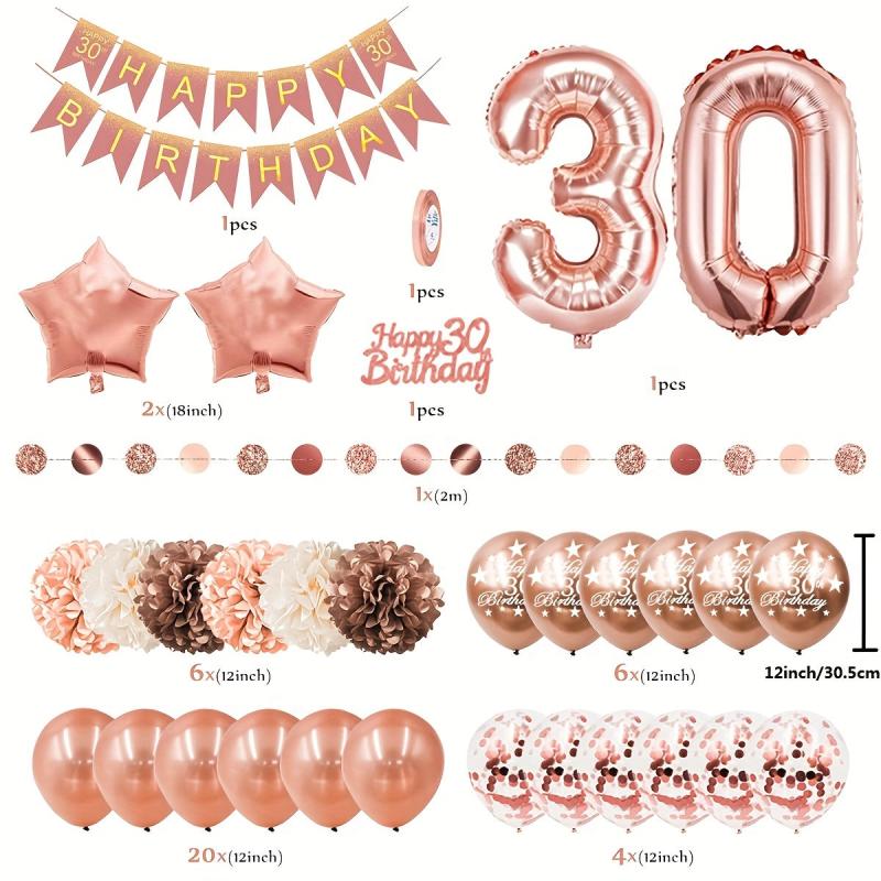 Rose Golden Balloon Garland Kit with Pom Poms for Women's 30th, 40th, 50th Birth