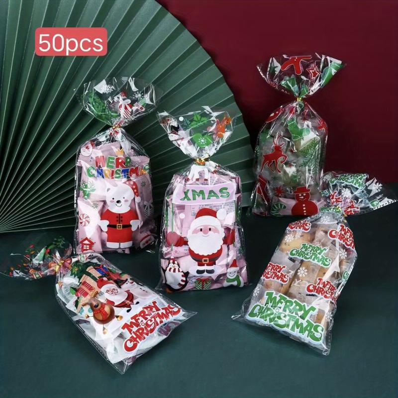 50pcs Christmas Candy Cookie Bags Thank You Gift Packing Bags Santa Snowman