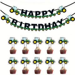 11pcs Tractor Birthday Set Farm Flag Party Decoration Props