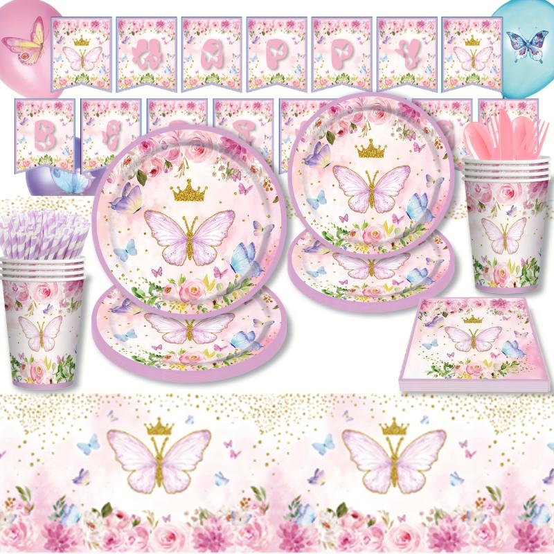 Pink Butterfly Party Decor - Banner, Plates, Cups, Towels