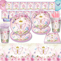 Pink Butterfly Party Decor - Banner, Plates, Cups, Towels
