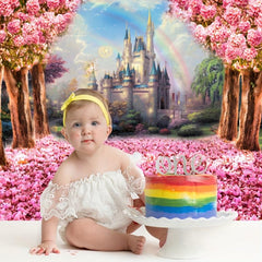 Castle Backdrop Pink Sakura Flowers Photography Background 7x5ft