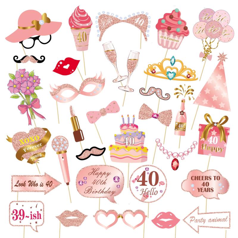 33pcs Birthday Photo Props Pink Party Decoration Creative Gift Holiday Accessory