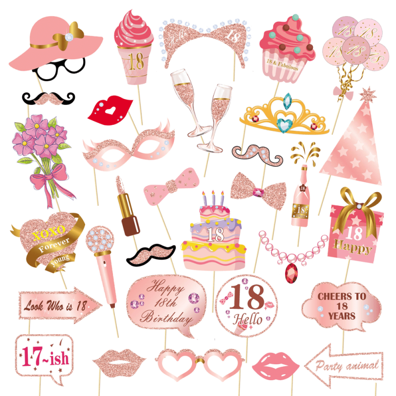 33pcs Birthday Photo Props Pink Party Decoration Creative Gift Holiday Accessory