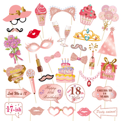 33pcs Birthday Photo Props Pink Party Decoration Creative Gift Holiday Accessory