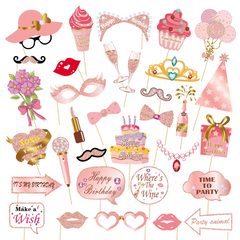 33pcs Birthday Photo Props Pink Party Decoration Creative Gift Holiday Accessory