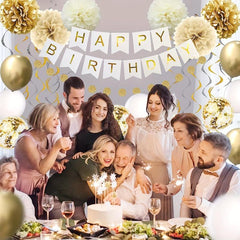 41pcs Golden Birthday Decorations for Women and Girls - Banner Balloons Pom Poms