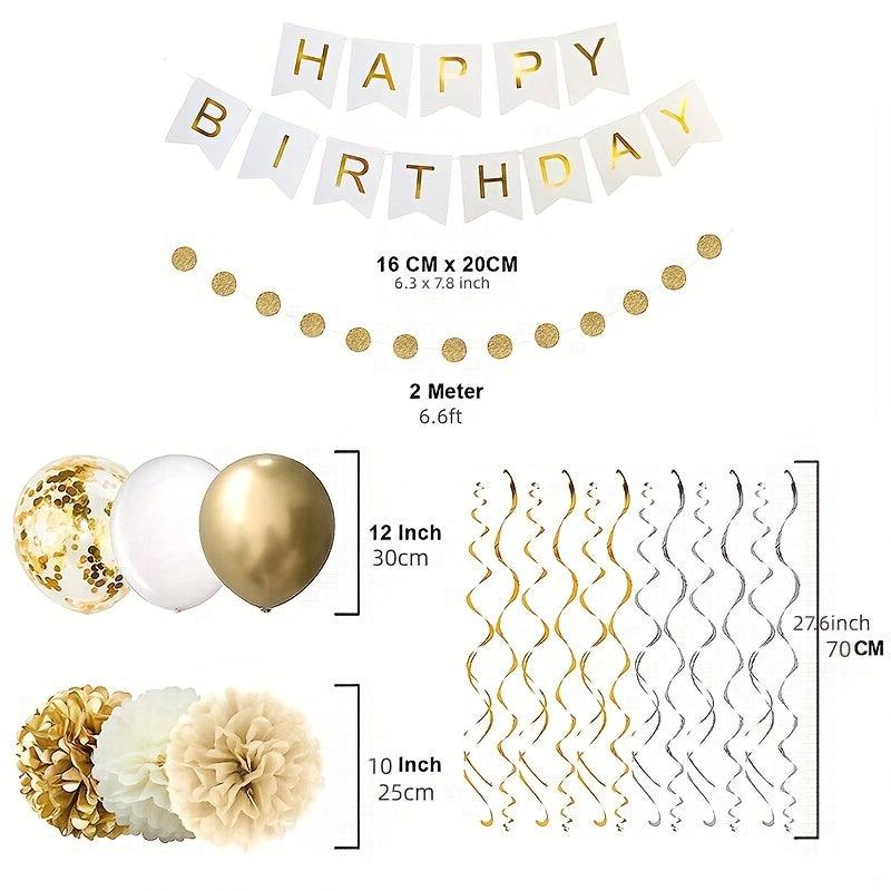 41pcs Golden Birthday Decorations for Women and Girls - Banner Balloons Pom Poms