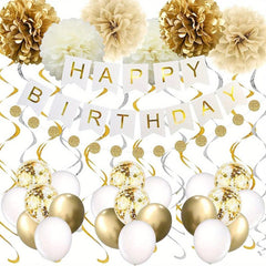 41pcs Golden Birthday Decorations for Women and Girls - Banner Balloons Pom Poms