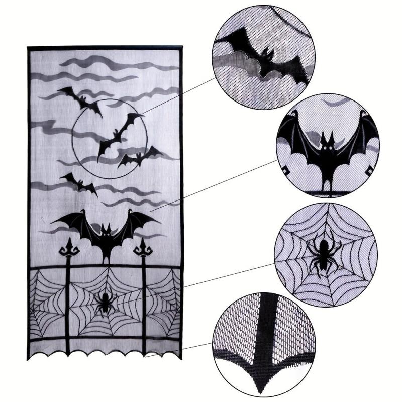 Halloween Lace Window Curtain Bats Spooky Lace Door Curtain Panels