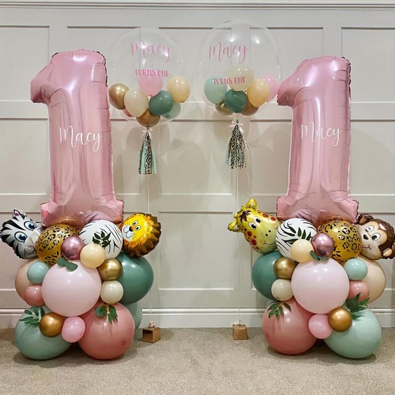 31pcs Cartoon Wild Animal Jungle Safari Theme Pink Number Balloon Set
