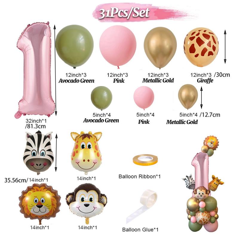 31pcs Cartoon Wild Animal Jungle Safari Theme Pink Number Balloon Set