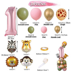 31pcs Cartoon Wild Animal Jungle Safari Theme Pink Number Balloon Set