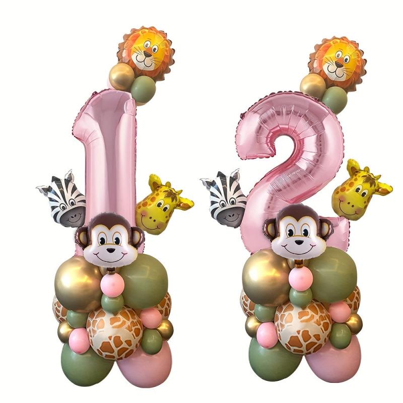31pcs Cartoon Wild Animal Jungle Safari Theme Pink Number Balloon Set