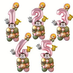 31pcs Cartoon Wild Animal Jungle Safari Theme Pink Number Balloon Set