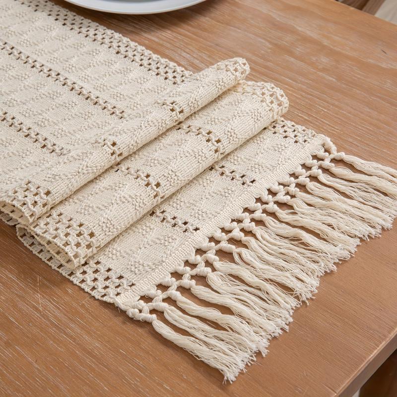 Rustic Linen Table Runner Boho Tassel Embroidered Holiday Dining Decor