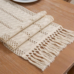 Rustic Linen Table Runner Boho Tassel Embroidered Holiday Dining Decor