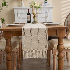 Rustic Linen Table Runner Boho Tassel Embroidered Holiday Dining Decor