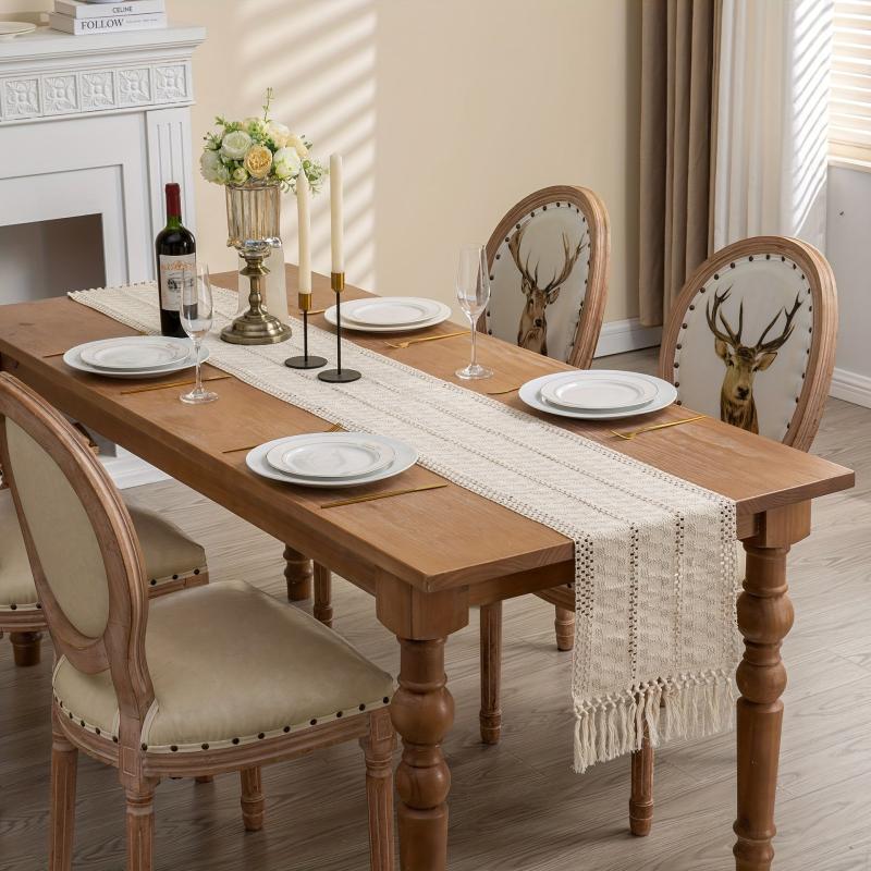 Rustic Linen Table Runner Boho Tassel Embroidered Holiday Dining Decor