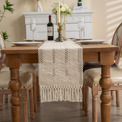 Rustic Linen Table Runner Boho Tassel Embroidered Holiday Dining Decor