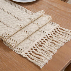 Rustic Linen Table Runner Boho Tassel Embroidered Holiday Dining Decor