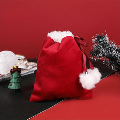 Xmas Ribbon Drawstring Gift Bag w/ Fur Ball Decoration