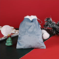 Xmas Ribbon Drawstring Gift Bag w/ Fur Ball Decoration