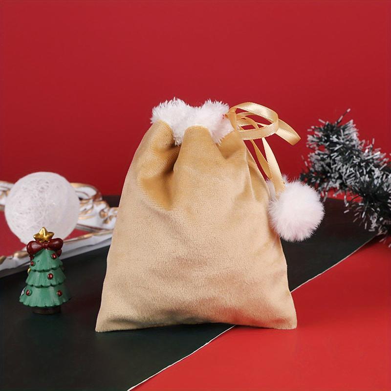 Xmas Ribbon Drawstring Gift Bag w/ Fur Ball Decoration