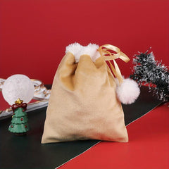 Xmas Ribbon Drawstring Gift Bag w/ Fur Ball Decoration