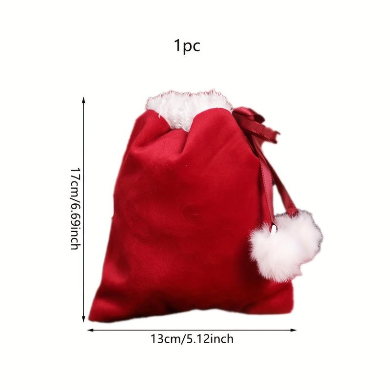 Xmas Ribbon Drawstring Gift Bag w/ Fur Ball Decoration