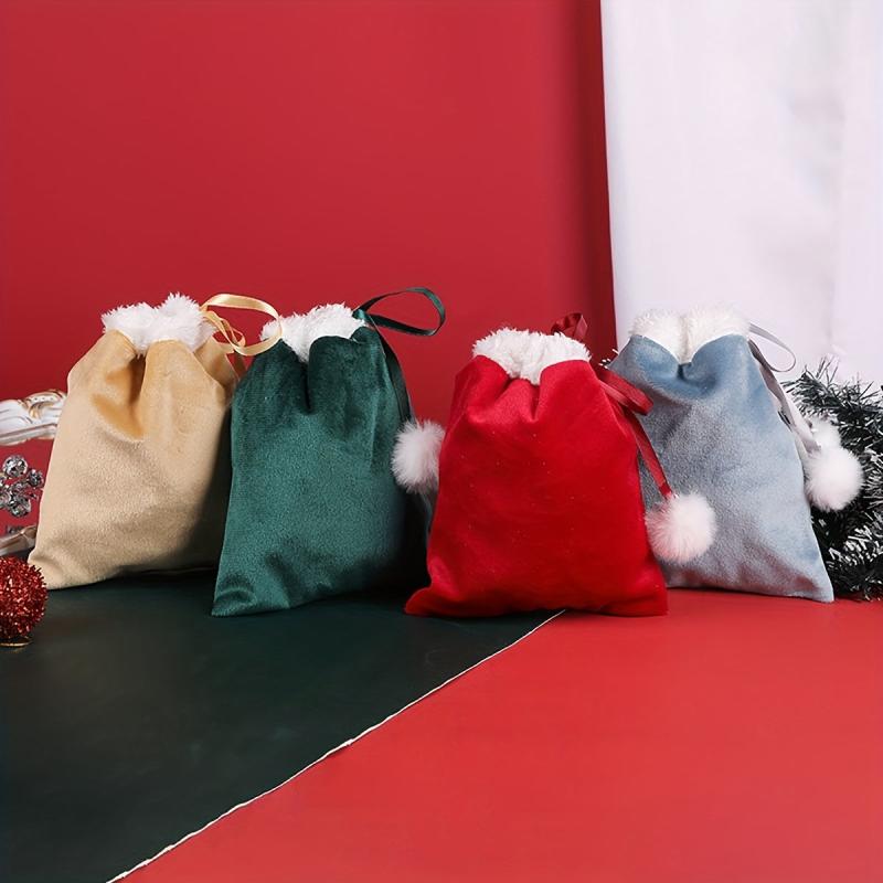 Xmas Ribbon Drawstring Gift Bag w/ Fur Ball Decoration