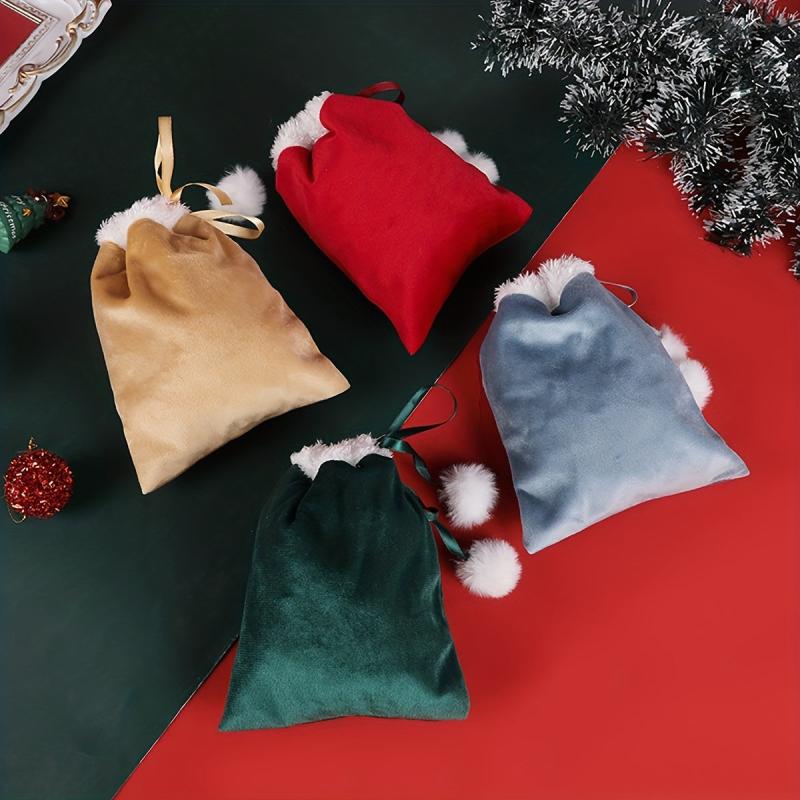 Xmas Ribbon Drawstring Gift Bag w/ Fur Ball Decoration