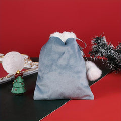 Xmas Ribbon Drawstring Gift Bag w/ Fur Ball Decoration