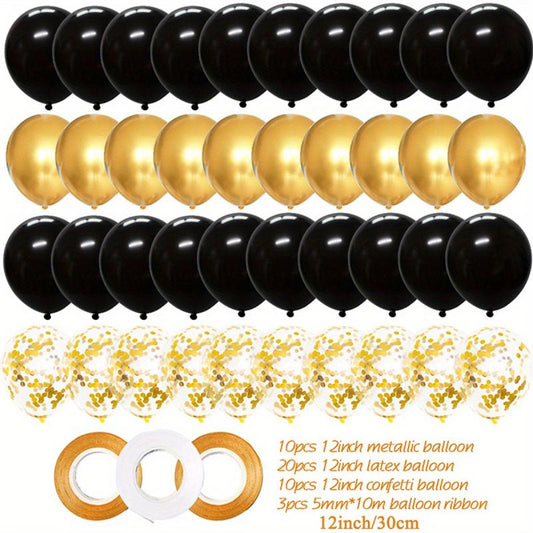 40pcs 30 Golden Mixed Latex Balloons & 3pcs Ribbons for Party Decor
