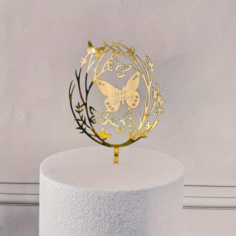 Golden Butterfly Cake Insert 1st Birthday Girl Acrylic Decoration with Rose