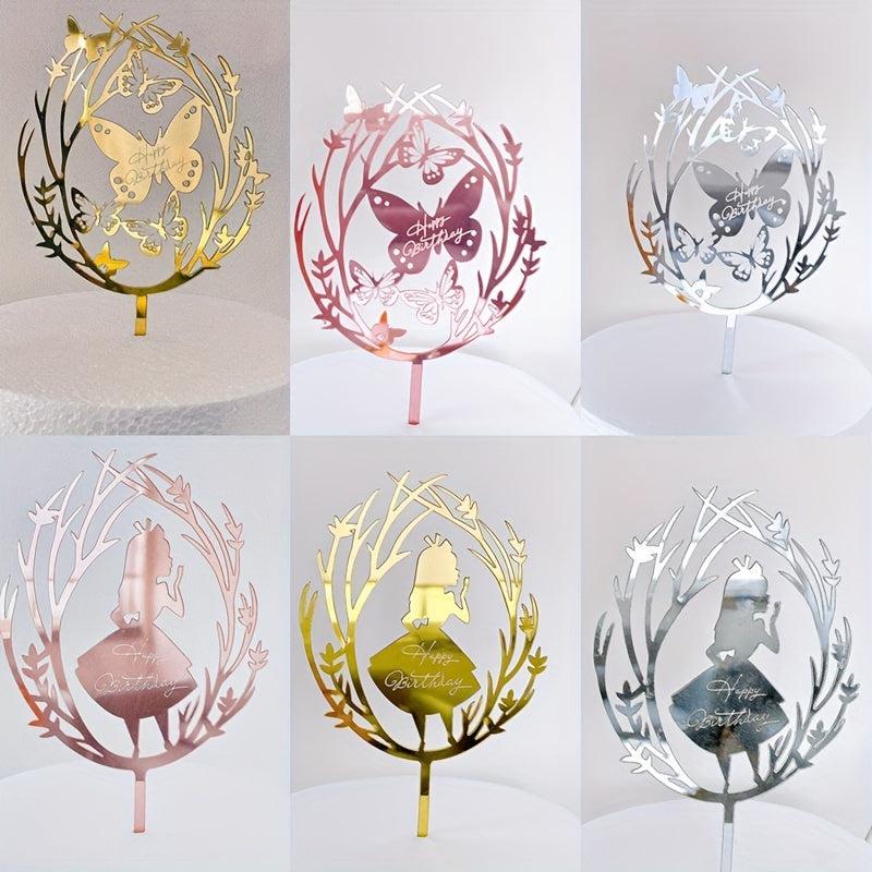Golden Butterfly Cake Insert 1st Birthday Girl Acrylic Decoration with Rose