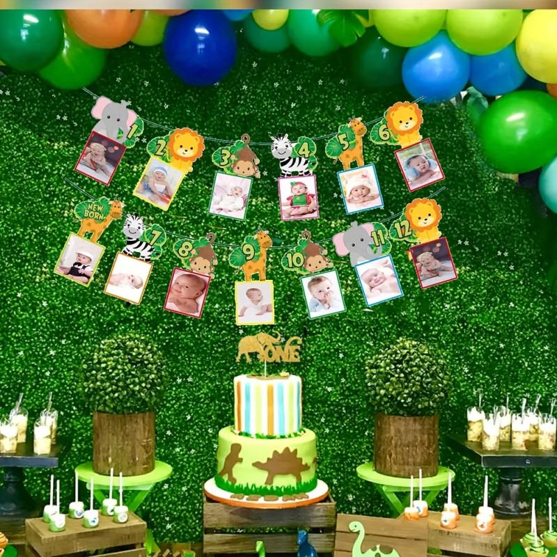 Jungle Safari 1st Bday Photo Banner 12-Month Animal Bunting Party Supplies