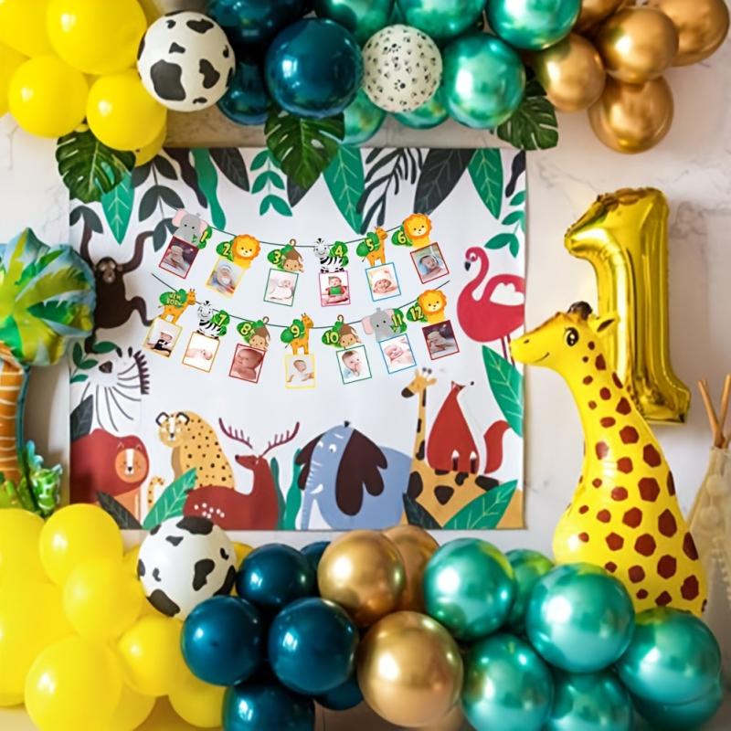 Jungle Safari 1st Bday Photo Banner 12-Month Animal Bunting Party Supplies