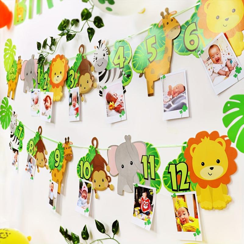 Jungle Safari 1st Bday Photo Banner 12-Month Animal Bunting Party Supplies